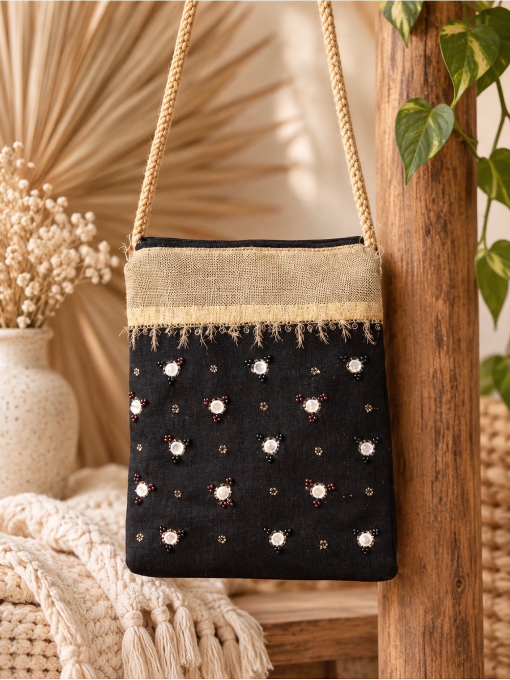 Vintage Hand Beaded Crossbody Bag Boho Festival Metallic Organza Purse